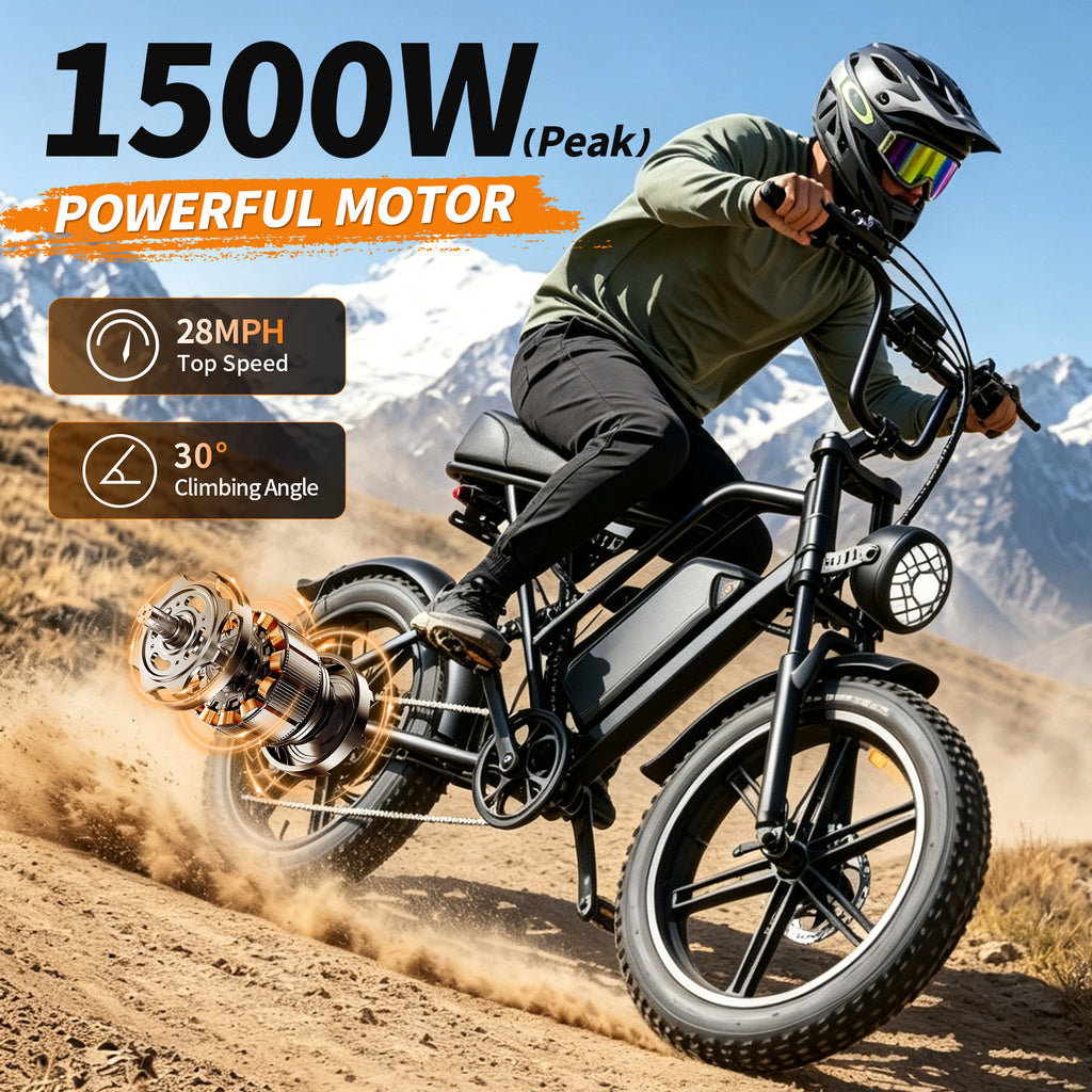 【DUDTN】1500W Peak Retro Fat Tire Electric Bike, 48V 20AH Detachable Battery 28MPH Full Suspension E-Bike, 20"×4.0 All Terrain Electric Bicycle with 3 Color Options, Hydraulic Disc Brakes