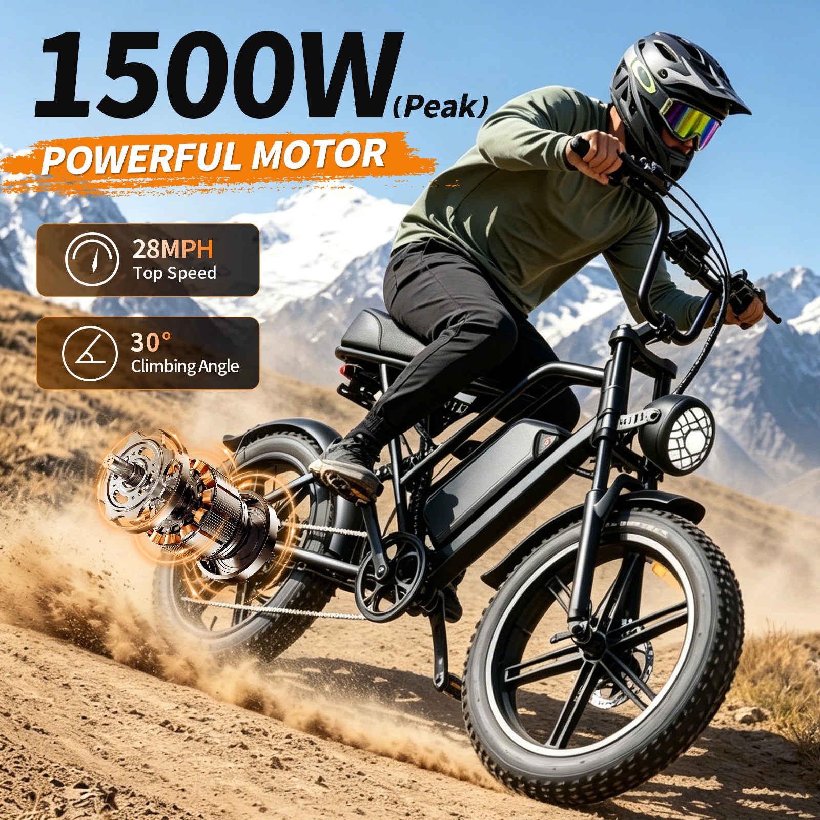 1500W Peak Retro Fat Tire Electric Bike, 48V 20AH Detachable Battery 28MPH Full Suspension E-Bike, 20"×4.0 All Terrain Electric Bicycle with 3 Color Options, Hydraulic Disc Brakes