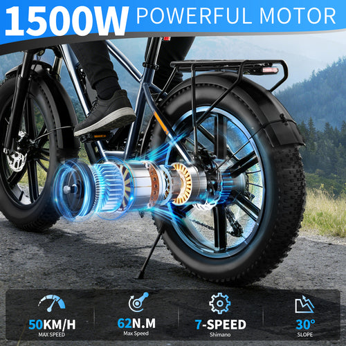 【DUDTN】 1500W Fat Tire Electric Bike, 48V 18.2AH Detachable Battery 50KM/H 26"×4.0 All Terrain E-Bike, Aluminum Frame Hydraulic Disc Brake Electric Mountain Bicycle