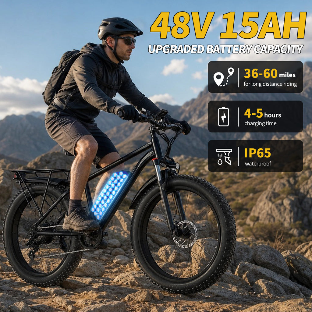 【DUDTN】1500W Peak Fat Tire Electric Bike, 48V 15AH Detachable Battery 32MPH All Terrain E-Bike, Full Suspension Aluminum Frame Electric Mountain Bicycle with Hydraulic Disc Brakes