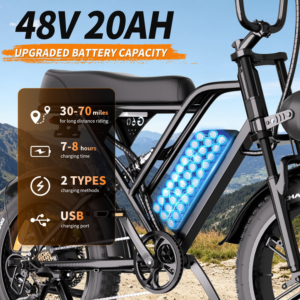 【DUDTN】1500W Peak Retro Fat Tire Electric Bike, 48V 20AH Detachable Battery 28MPH Full Suspension E-Bike, 20"×4.0 All Terrain Electric Bicycle with 3 Color Options, Hydraulic Disc Brakes