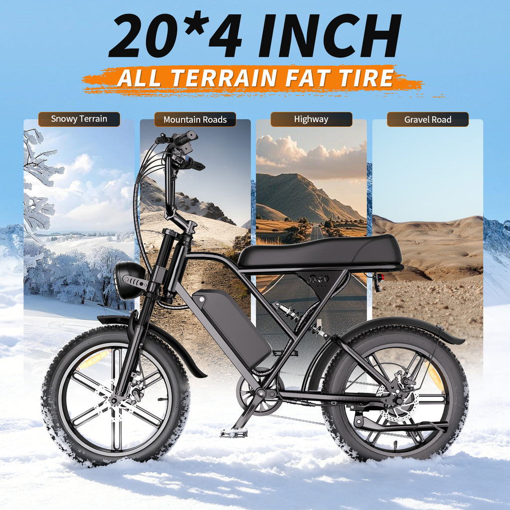 【DUDTN】1500W Peak Retro Fat Tire Electric Bike, 48V 20AH Detachable Battery 28MPH Full Suspension E-Bike, 20"×4.0 All Terrain Electric Bicycle with 3 Color Options, Hydraulic Disc Brakes