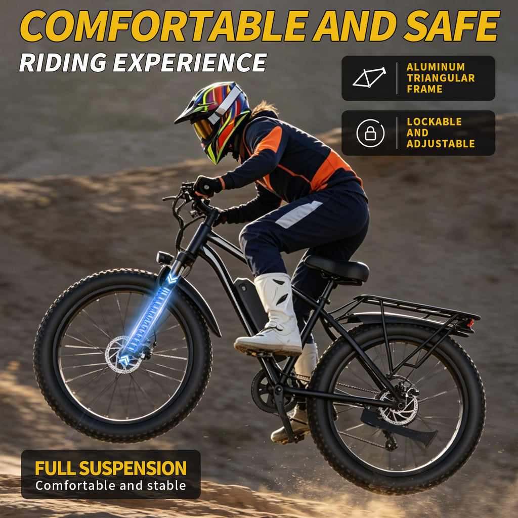 【DUDTN】1500W Peak Fat Tire Electric Bike, 48V 15AH Detachable Battery 32MPH All Terrain E-Bike, Full Suspension Aluminum Frame Electric Mountain Bicycle with Hydraulic Disc Brakes