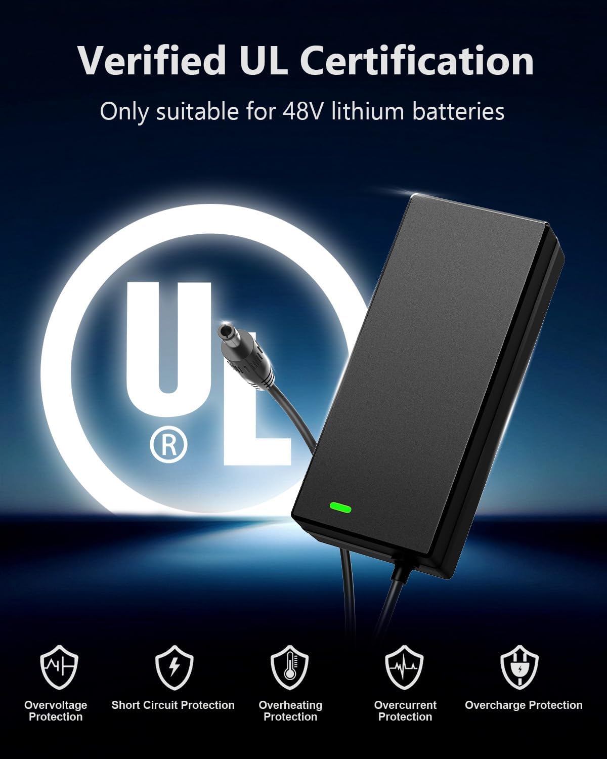 48V Lithium Battery Charger – UL Certified 54.6V 2A Fast Charger for Electric Bike, with Auto Shutoff, Intelligent Temperature Control & Fire-Resistant Case