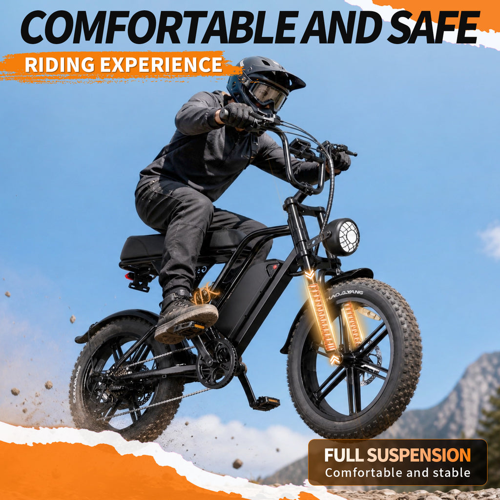 【DUDTN】1500W Peak Retro Fat Tire Electric Bike, 48V 20AH Detachable Battery 28MPH Full Suspension E-Bike, 20"×4.0 All Terrain Electric Bicycle with 3 Color Options, Hydraulic Disc Brakes