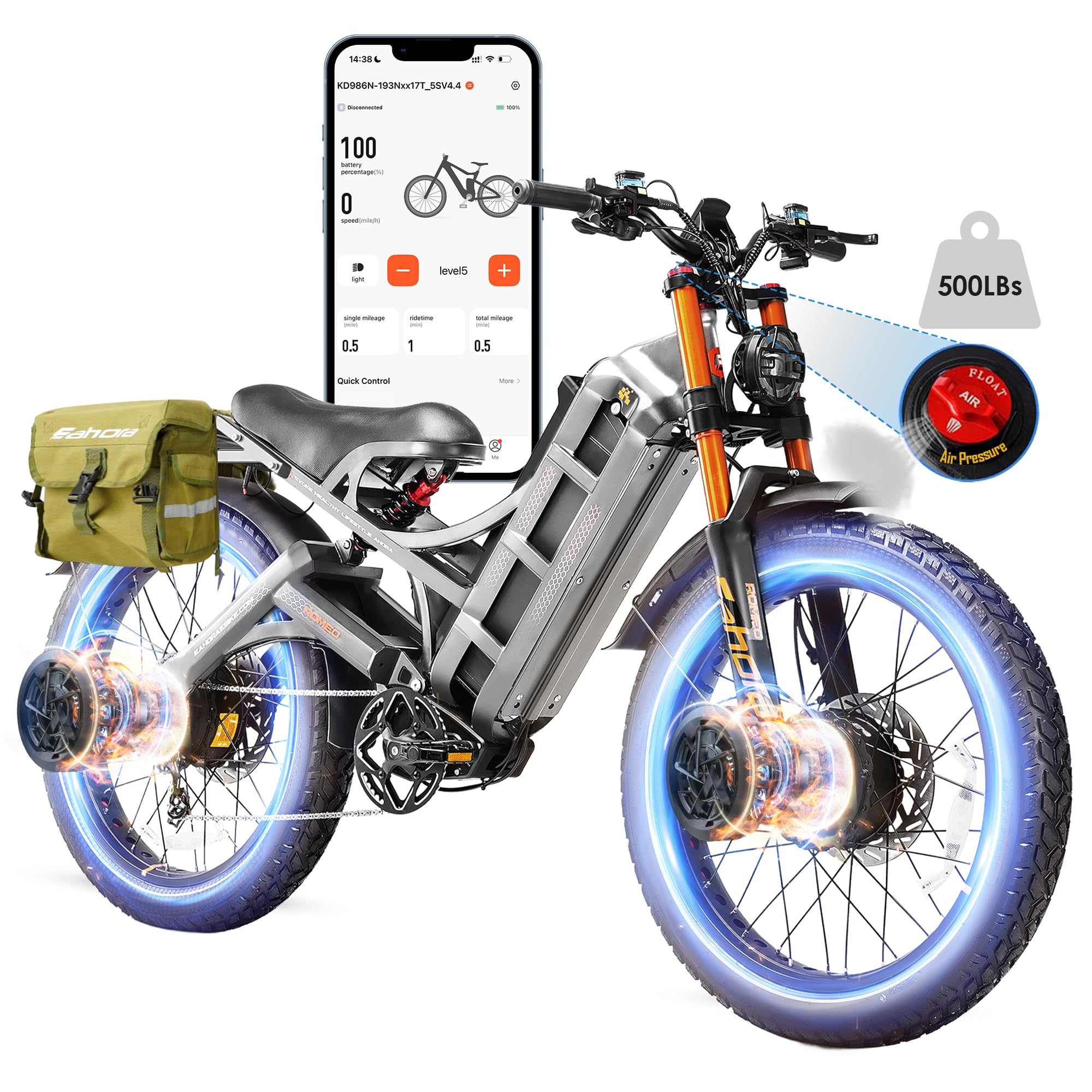 2026 eAhora Romeo Dual-Motor Ebike - 50Mph 5600W 60-80AH 250Miles Long Range Electric Bike for Adults, Full Suspension Hydraulic Brakes Electric Bicycle, 26" Mountain Bike for Off-Road Commuting