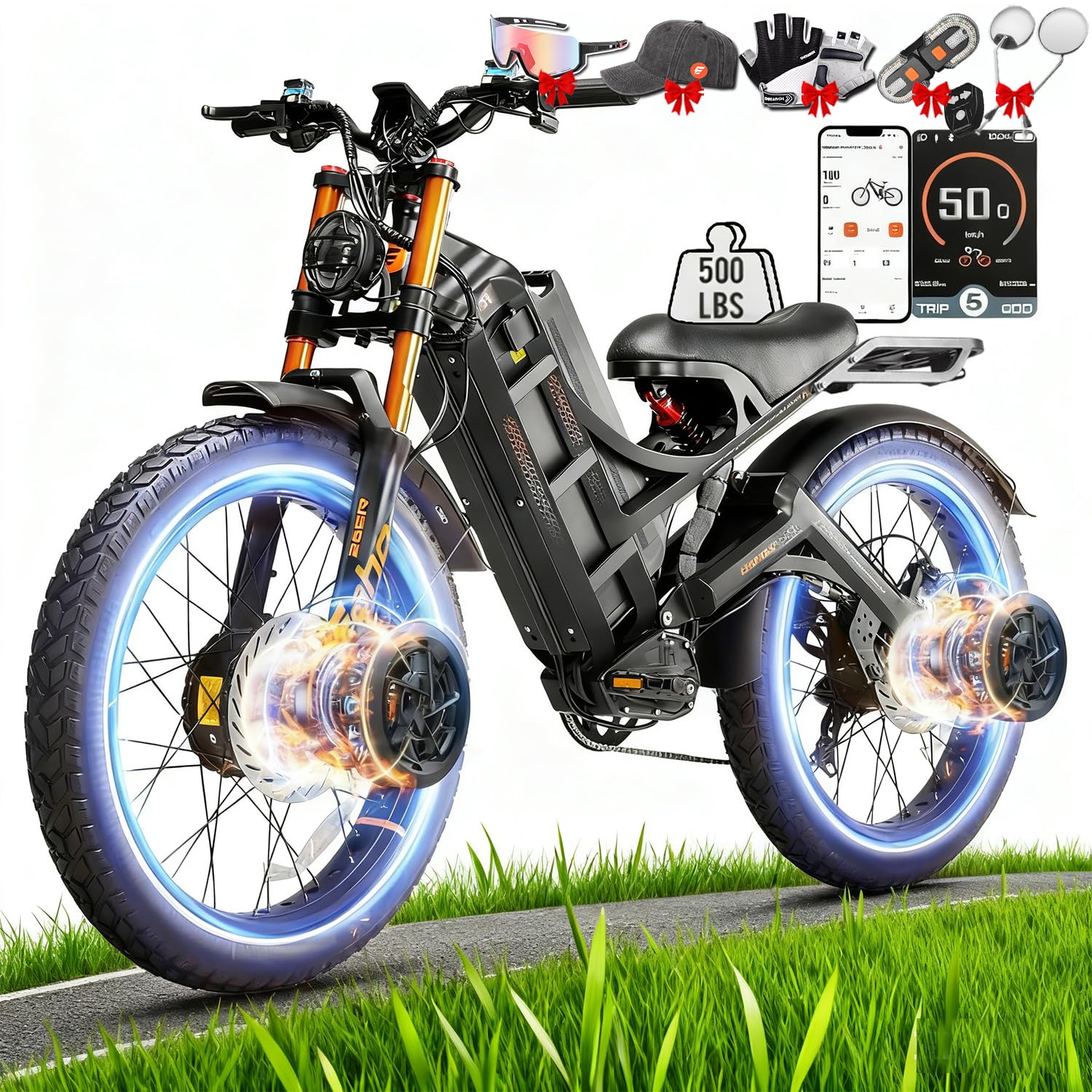 2026 eAhora Romeo Dual-Motor Ebike - 50Mph 5600W 60-80AH 250Miles Long Range Electric Bike for Adults, Full Suspension Hydraulic Brakes Electric Bicycle, 26" Mountain Bike for Off-Road Commuting