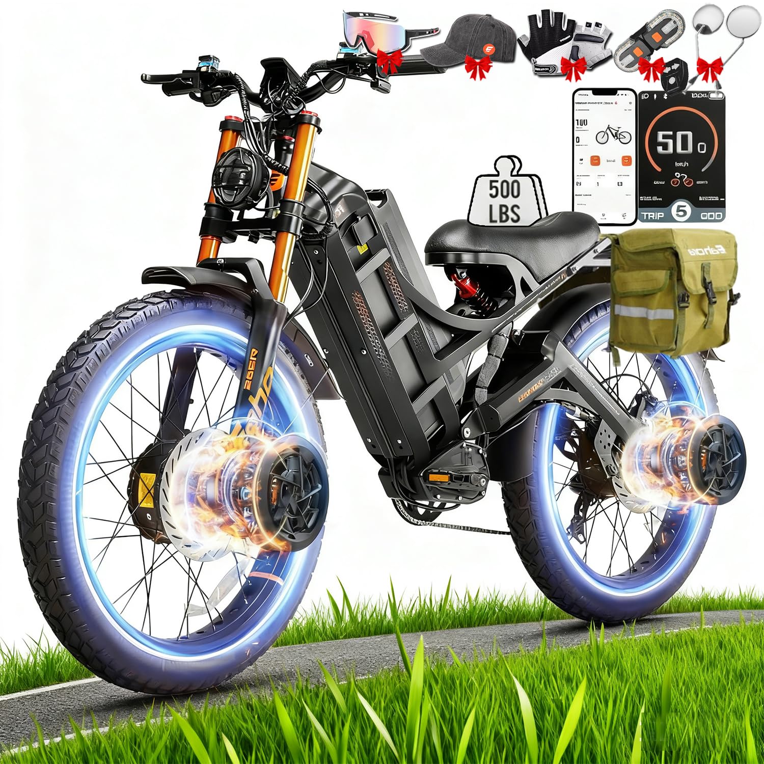 2026 eAhora Romeo Dual-Motor Ebike - 50Mph 5600W 60-80AH 250Miles Long Range Electric Bike for Adults, Full Suspension Hydraulic Brakes Electric Bicycle, 26" Mountain Bike for Off-Road Commuting
