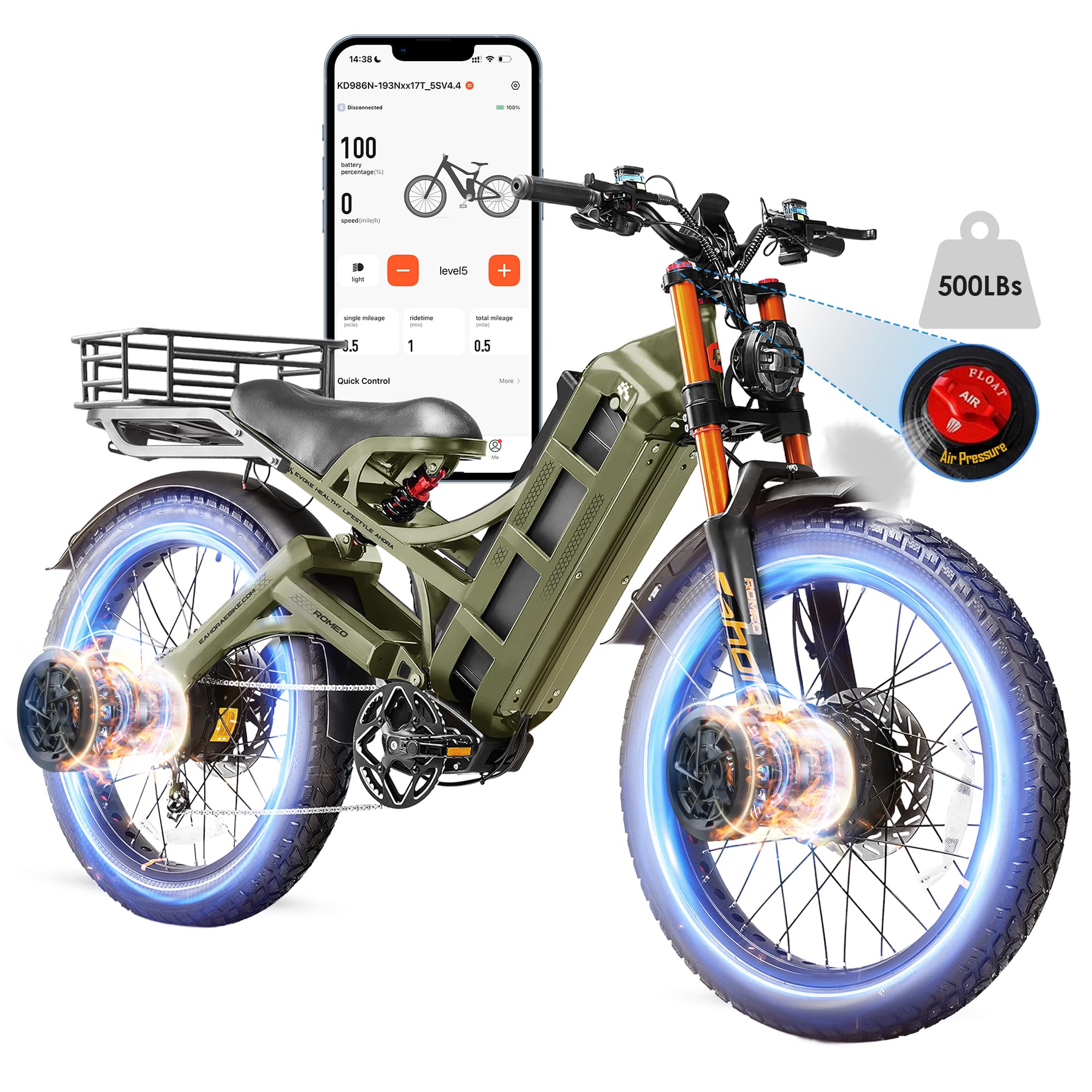 2026 eAhora Romeo Dual-Motor Ebike - 50Mph 5600W 60-80AH 250Miles Long Range Electric Bike for Adults, Full Suspension Hydraulic Brakes Electric Bicycle, 26" Mountain Bike for Off-Road Commuting