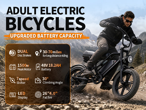 【DUDTN】1500W Peak Retro Fat Tire Electric Bike, 48V 20AH Detachable Battery 28MPH Full Suspension E-Bike, 20"×4.0 All Terrain Electric Bicycle with 3 Color Options, Hydraulic Disc Brakes