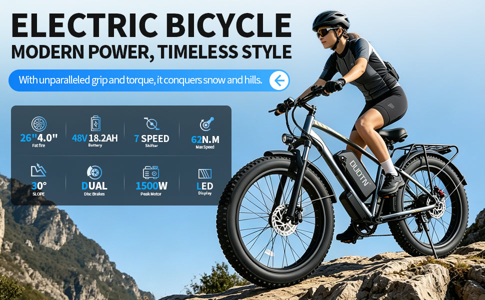 【DUDTN】 1500W Fat Tire Electric Bike, 48V 18.2AH Detachable Battery 50KM/H 26"×4.0 All Terrain E-Bike, Aluminum Frame Hydraulic Disc Brake Electric Mountain Bicycle