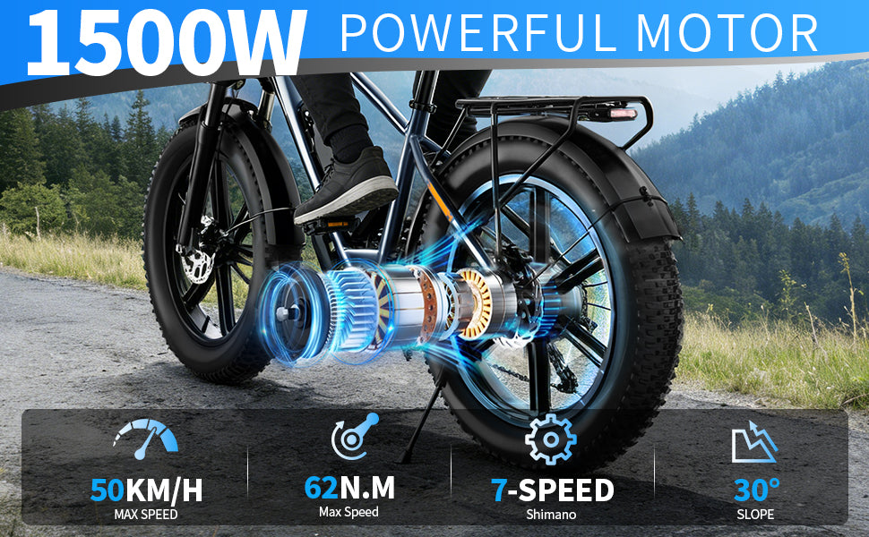 【DUDTN】 1500W Fat Tire Electric Bike, 48V 18.2AH Detachable Battery 50KM/H 26"×4.0 All Terrain E-Bike, Aluminum Frame Hydraulic Disc Brake Electric Mountain Bicycle